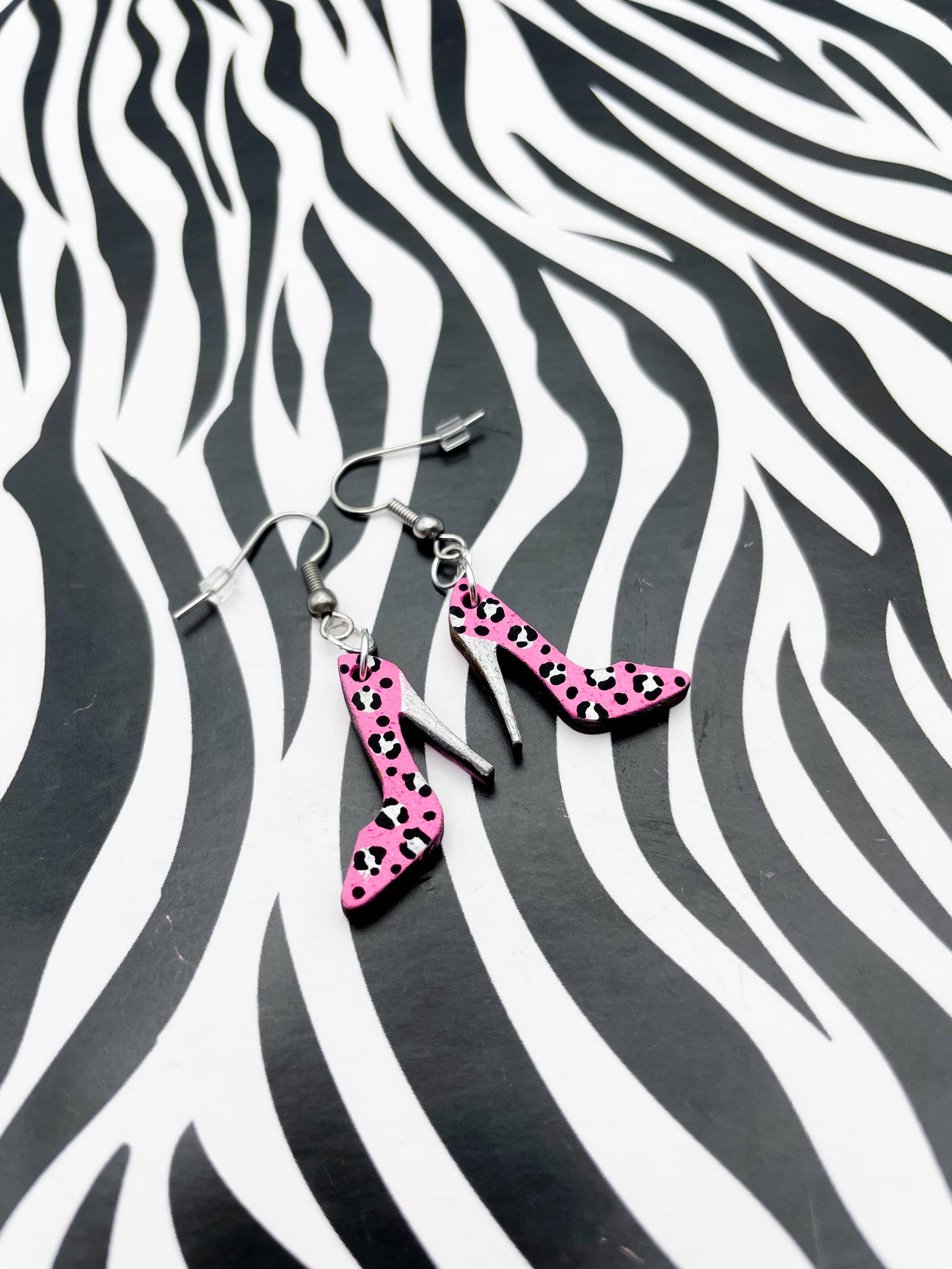 Medium Hot Pink and Silver Leopard Print Stiletto Wooden Dangle Earrings