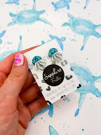 Small Cyan Marble Acrylic Jellyfish Stud Earrings – Hypoallergenic Stainless Steel