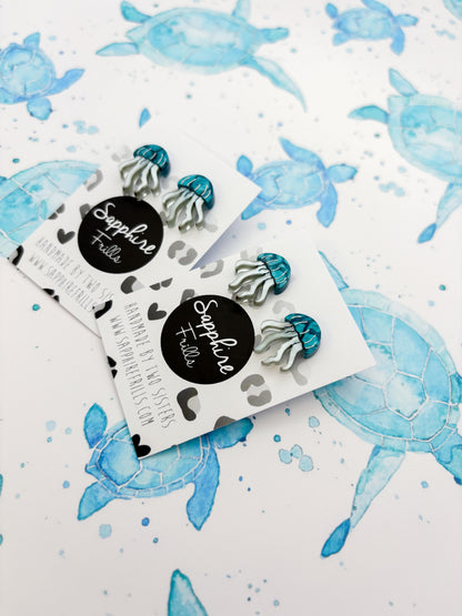Small Cyan Marble Acrylic Jellyfish Stud Earrings – Hypoallergenic Stainless Steel