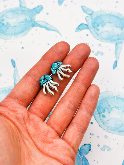 Small Cyan Marble Acrylic Jellyfish Stud Earrings – Hypoallergenic Stainless Steel