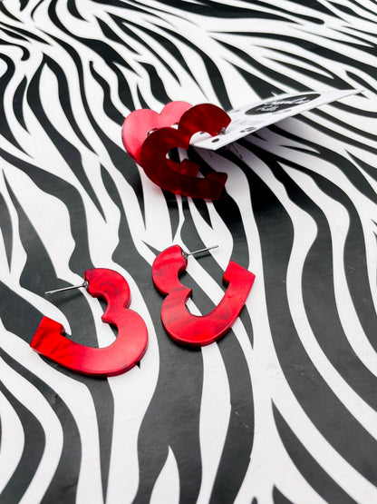 Large Deep Red Marble Acrylic Heart Hoops – Hypoallergenic Stainless Steel