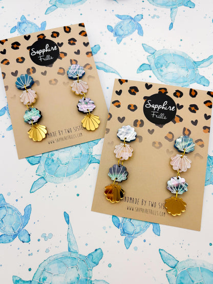Blue, Beige and Gold Real Shell Acrylic Dangle Earrings – Hypoallergenic Stainless Steel