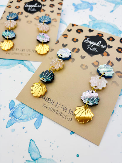Blue, Beige and Gold Real Shell Acrylic Dangle Earrings – Hypoallergenic Stainless Steel