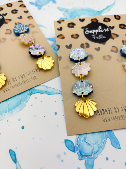 Blue, Beige and Gold Real Shell Acrylic Dangle Earrings – Hypoallergenic Stainless Steel