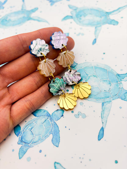 Blue, Beige and Gold Real Shell Acrylic Dangle Earrings – Hypoallergenic Stainless Steel