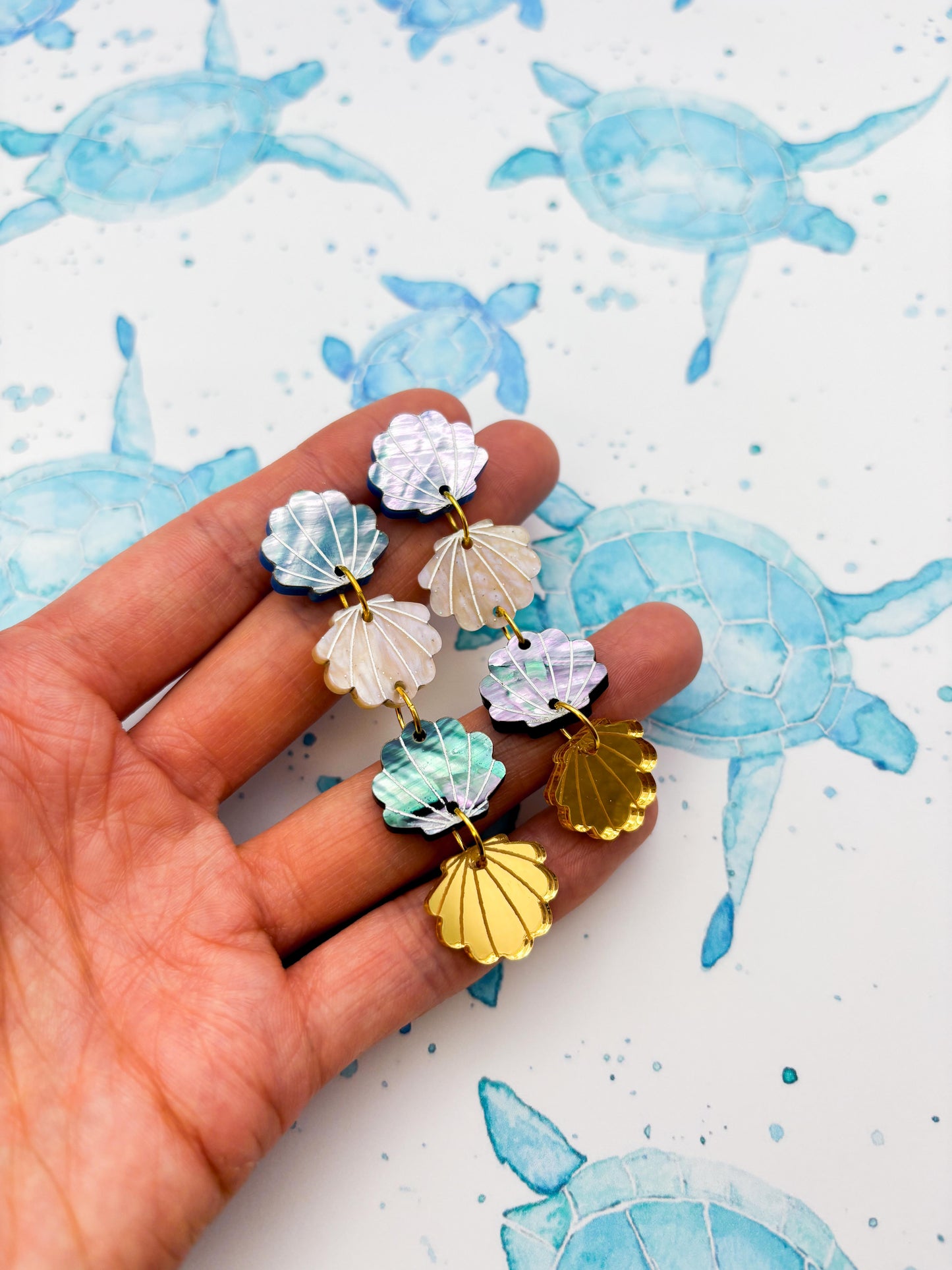 Blue, Beige and Gold Real Shell Acrylic Dangle Earrings