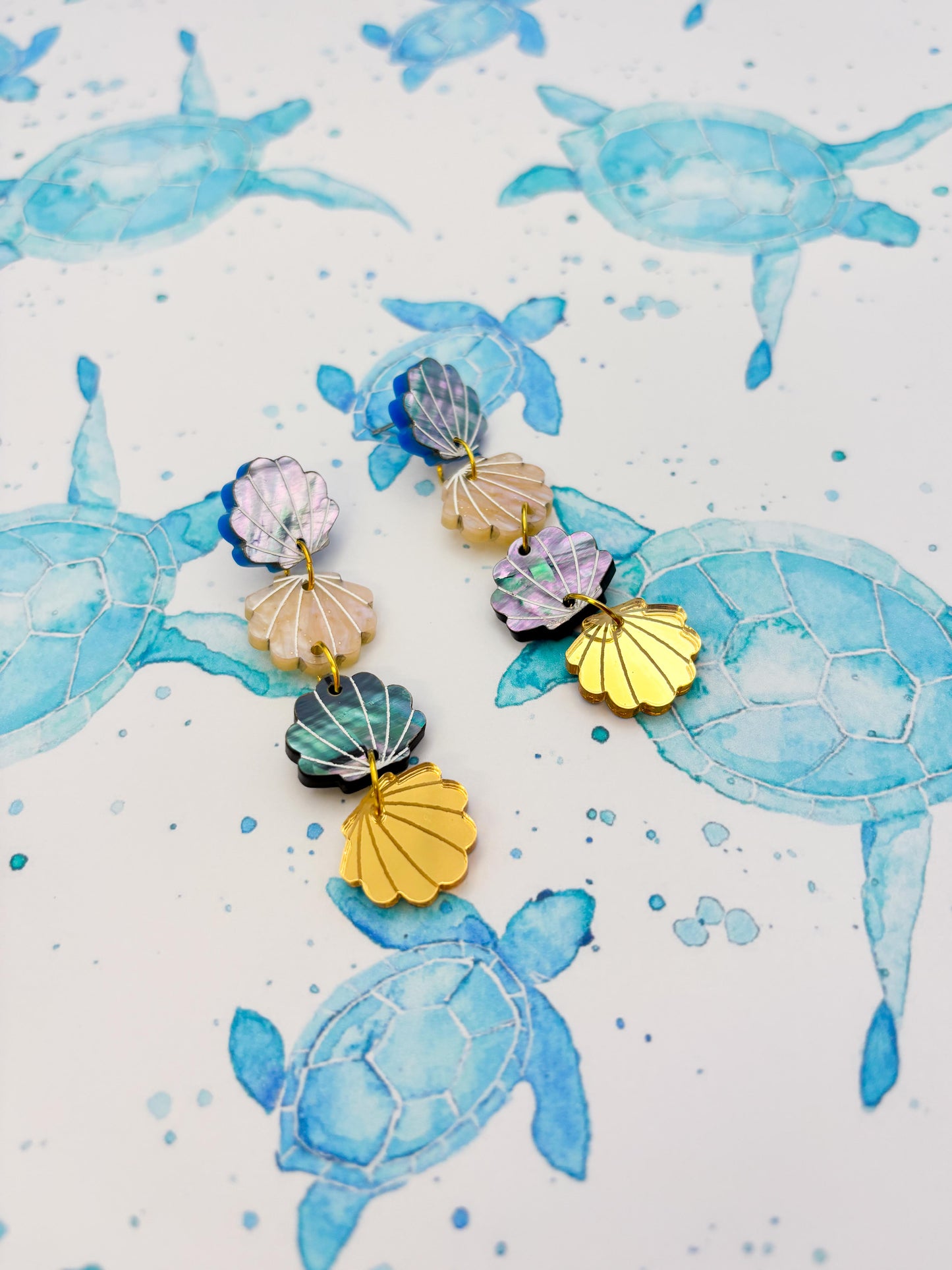 Blue, Beige and Gold Real Shell Acrylic Dangle Earrings