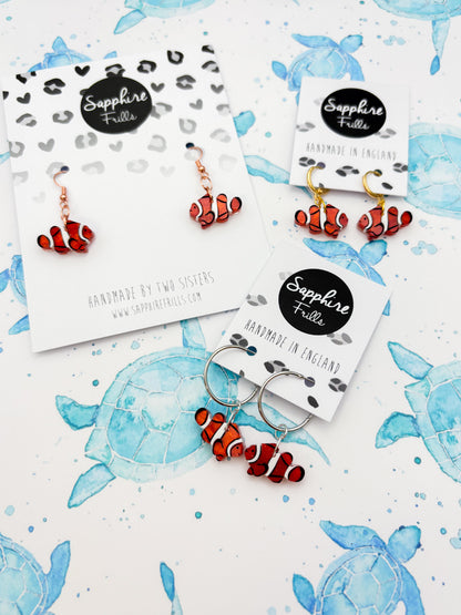 Small Orange Marble Acrylic Clownfish Dangle Earrings or Necklace – Hypoallergenic Stainless Steel
