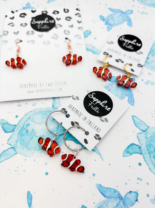Small Orange Marble Acrylic Clownfish Dangle Earrings or Necklace – Hypoallergenic Stainless Steel