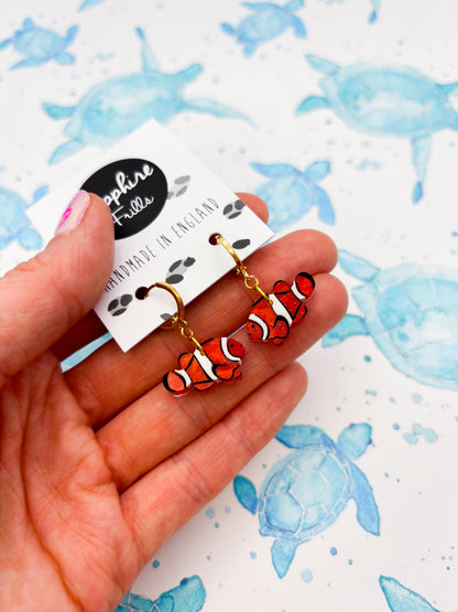 Small Orange Marble Acrylic Clownfish Dangle Earrings or Necklace – Hypoallergenic Stainless Steel