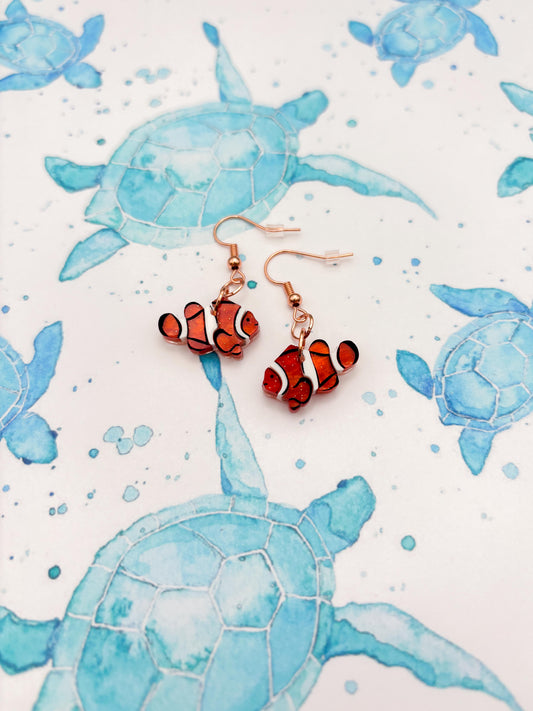 Small Orange Marble Acrylic Clownfish Dangle Earrings or Necklace – Hypoallergenic Stainless Steel