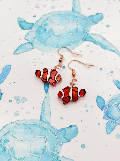 Small Orange Marble Acrylic Clownfish Dangle Earrings or Necklace – Hypoallergenic Stainless Steel