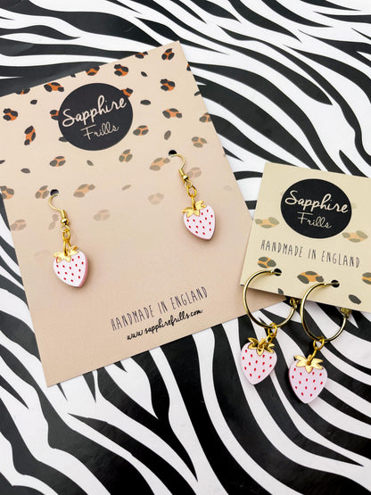 Small Pink Champagne Acrylic Strawberry Dangle Earrings or Necklace – Hypoallergenic Stainless Steel