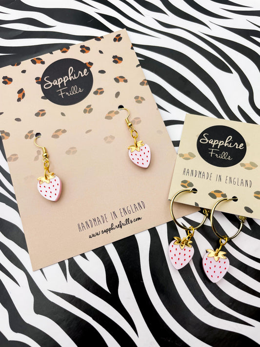 Small Pink Champagne Acrylic Strawberry Dangle Earrings or Necklace – Hypoallergenic Stainless Steel