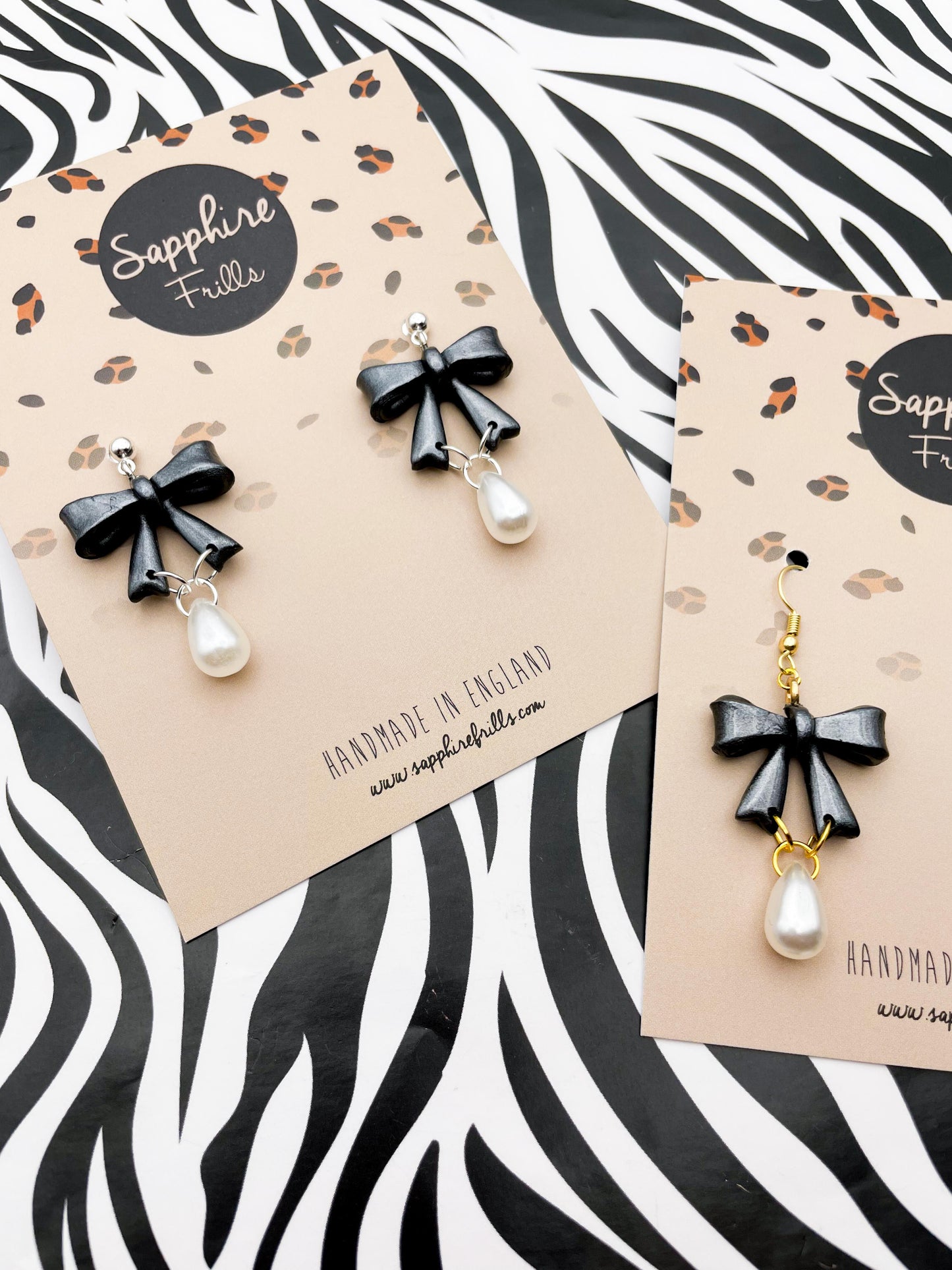 Pearlescent Black Bow and Pearl Teardrop Dangle Earrings