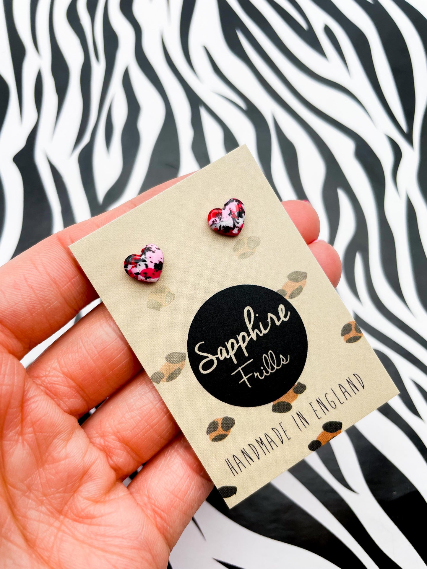 Mini Hot Pink and Red Marble Speckle Heart Earrings