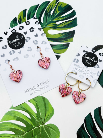 Medium Holographic Dusky Pink Heart Glitter Resin Heart Earrings or Necklace – Hypoallergenic Stainless Steel