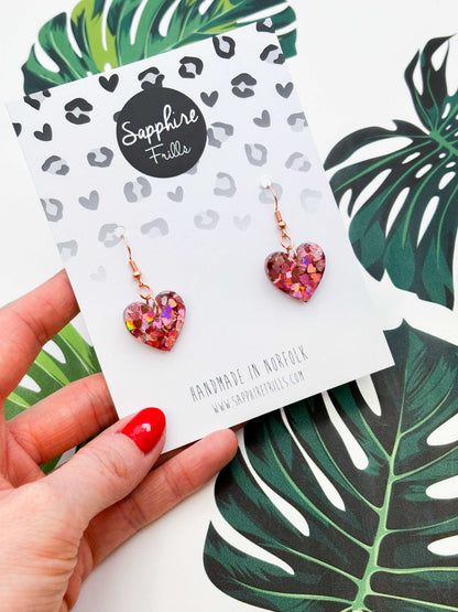 Medium Holographic Dusky Pink Heart Glitter Resin Heart Earrings or Necklace – Hypoallergenic Stainless Steel