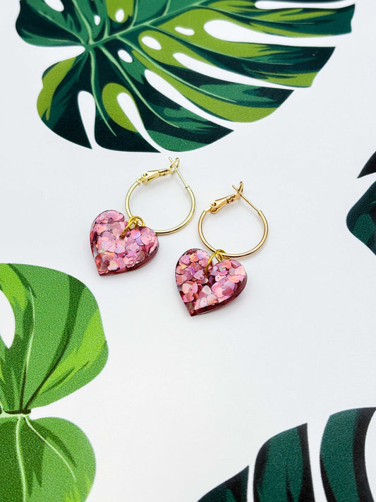 Medium Holographic Dusky Pink Heart Glitter Resin Heart Earrings or Necklace – Hypoallergenic Stainless Steel