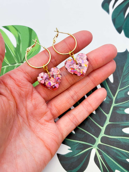 Medium Holographic Dusky Pink Heart Glitter Resin Heart Earrings or Necklace – Hypoallergenic Stainless Steel