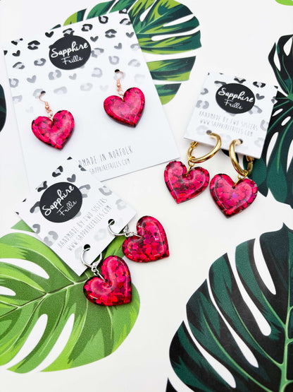 Large Red Heart Glitter Resin Heart Earrings or Necklace – Hypoallergenic Stainless Steel