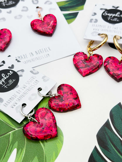 Large Red Heart Glitter Resin Heart Earrings or Necklace – Hypoallergenic Stainless Steel