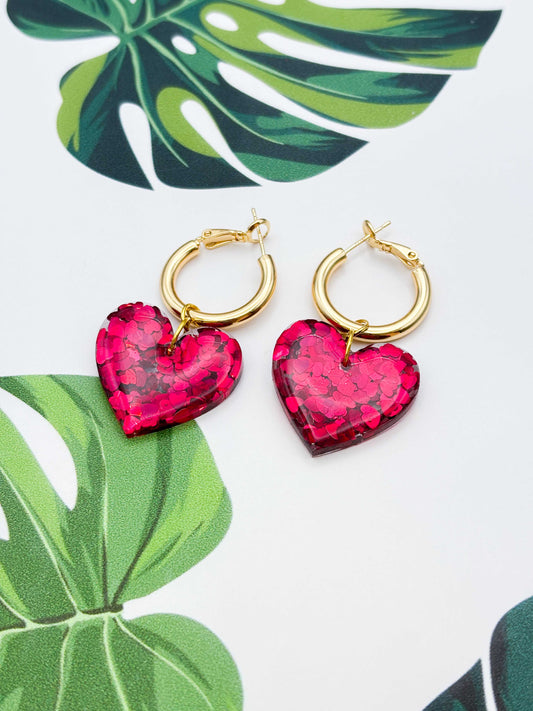 Large Red Heart Glitter Resin Heart Earrings or Necklace – Hypoallergenic Stainless Steel