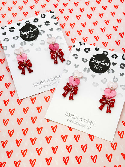 Pink Hearts and Red Marble Bow Trio Acrylic Dangle Earrings – Hypoallergenic Stainless Steel
