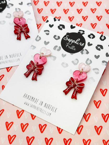 Pink Hearts and Red Marble Bow Trio Acrylic Dangle Earrings – Hypoallergenic Stainless Steel
