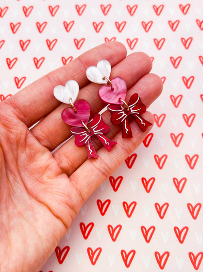 Pink Hearts and Red Marble Bow Trio Acrylic Dangle Earrings – Hypoallergenic Stainless Steel