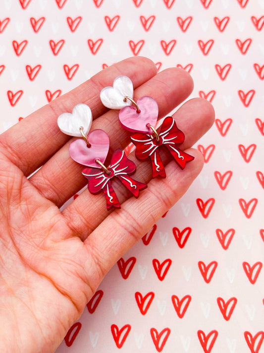 Pink Hearts and Red Marble Bow Trio Acrylic Dangle Earrings – Hypoallergenic Stainless Steel