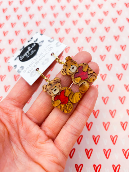 Medium Copper Brown Teddy Bear Heart Dangle Earrings or Necklace – Hypoallergenic Stainless Steel