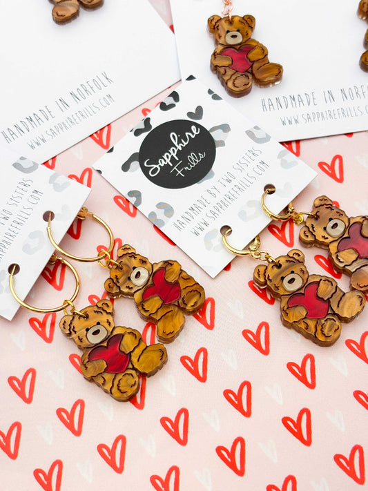 Medium Copper Brown Teddy Bear Heart Dangle Earrings or Necklace – Hypoallergenic Stainless Steel