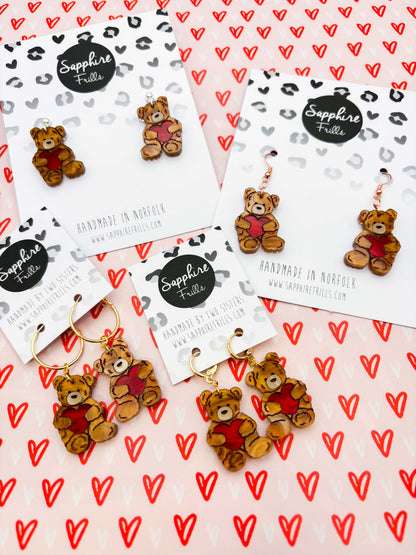 Medium Copper Brown Teddy Bear Heart Dangle Earrings or Necklace – Hypoallergenic Stainless Steel