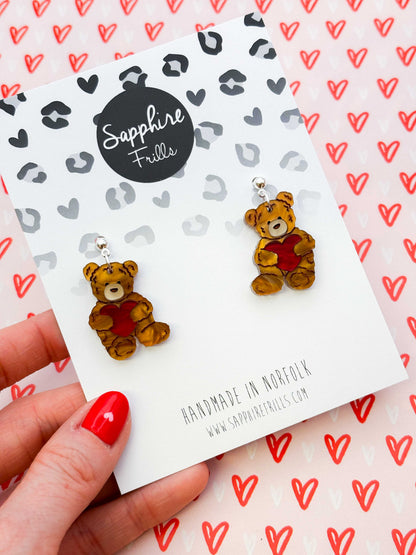 Medium Copper Brown Teddy Bear Heart Dangle Earrings or Necklace – Hypoallergenic Stainless Steel