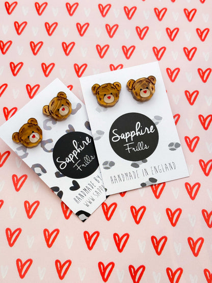 Small Copper Brown Teddy Bear Face Stud Earrings – Hypoallergenic Stainless Steel