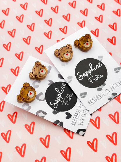 Small Copper Brown Teddy Bear Face Stud Earrings – Hypoallergenic Stainless Steel