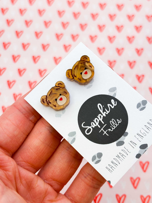 Small Copper Brown Teddy Bear Face Stud Earrings – Hypoallergenic Stainless Steel