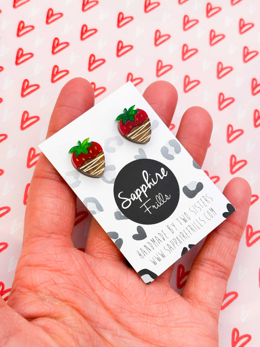 Small Chocolate Dipped Acrylic Strawberry Stud Earrings – Hypoallergenic Stainless Steel