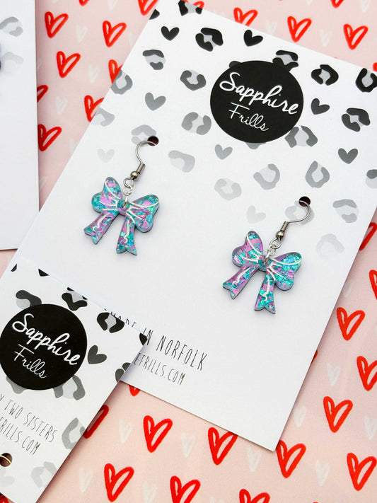 Medium Lilac and Mint Confetti Short Bow Dangle Earrings or Necklace – Hypoallergenic Stainless Steel