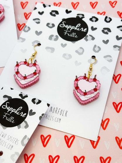 Medium Pink Valentine Cherry Cake Dangle Earrings or Necklace – Hypoallergenic Stainless Steel