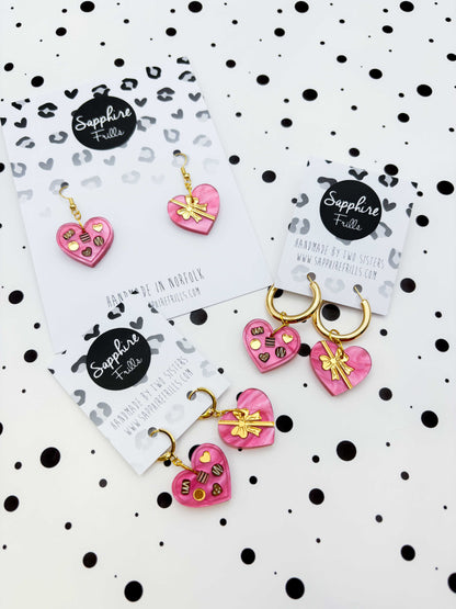 Medium Hot Pink Chocolate Box with Ribbon Dangle Earrings or Necklace – Hypoallergenic Stainless Steel