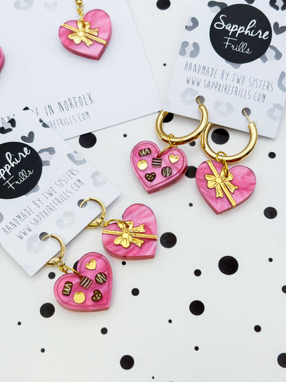 Medium Hot Pink Chocolate Box with Ribbon Dangle Earrings or Necklace – Hypoallergenic Stainless Steel