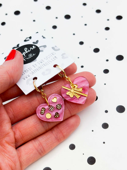 Medium Hot Pink Chocolate Box with Ribbon Dangle Earrings or Necklace – Hypoallergenic Stainless Steel