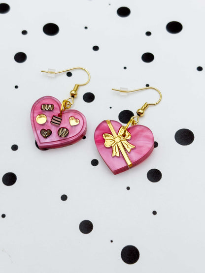 Medium Hot Pink Chocolate Box with Ribbon Dangle Earrings or Necklace – Hypoallergenic Stainless Steel