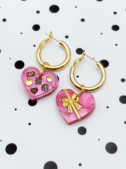Medium Hot Pink Chocolate Box with Ribbon Dangle Earrings or Necklace – Hypoallergenic Stainless Steel