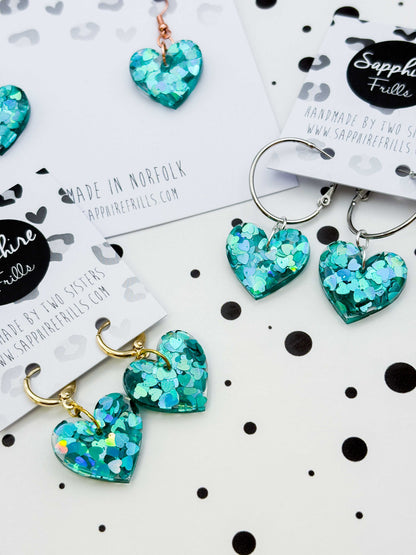 Medium Holographic Teal Heart Glitter Resin Heart Earrings or Necklace – Hypoallergenic Stainless Steel