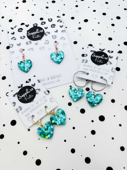 Medium Holographic Teal Heart Glitter Resin Heart Earrings or Necklace – Hypoallergenic Stainless Steel