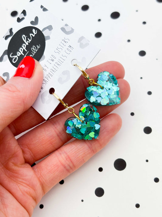 Medium Holographic Teal Heart Glitter Resin Heart Earrings or Necklace – Hypoallergenic Stainless Steel