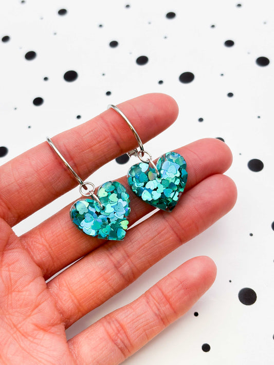 Medium Holographic Teal Heart Glitter Resin Heart Earrings or Necklace – Hypoallergenic Stainless Steel